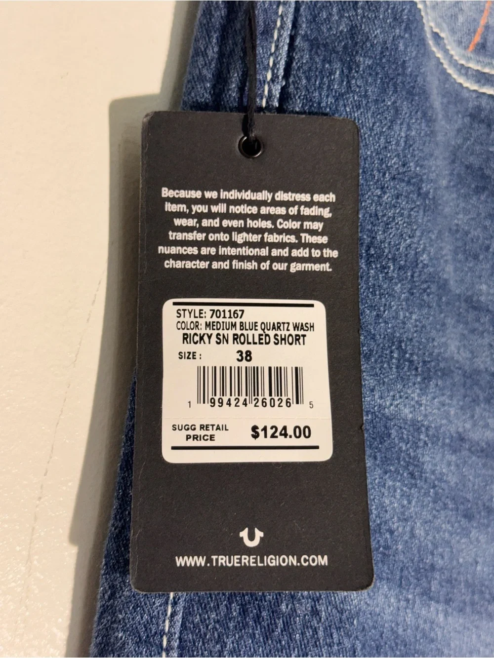NEW True Religion Ricky Single Needle Rolled Cuff Shorts Medium Blue Quartz 38